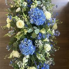 Blue Hydrangea &amp; White Rose Casket Spray 